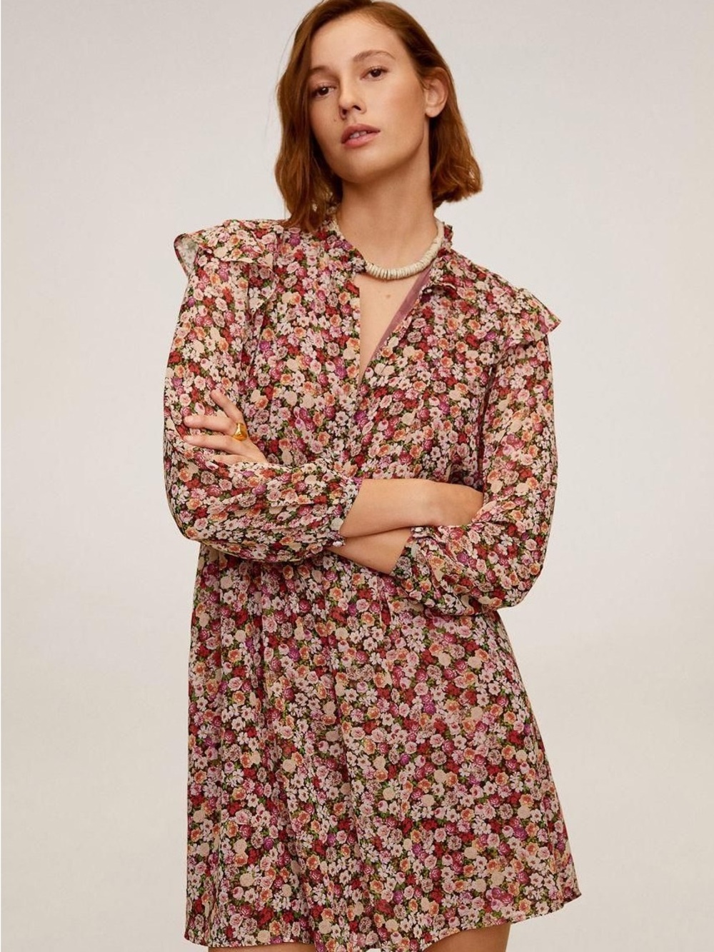 Mango Pink Floral Ruffle-Shoulder Mini Dress